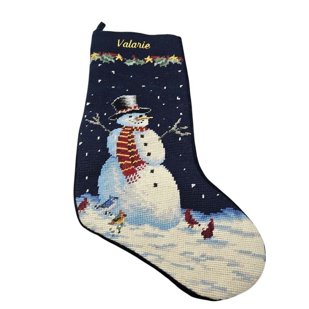 Vintage 90s Christmas Stocking Lands End Valarie Needlepoint Snowman Blue